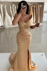 Mermaid Gold Prom Dress Strapless One Shoulder Sleeveless Simple Satin Formal Dress